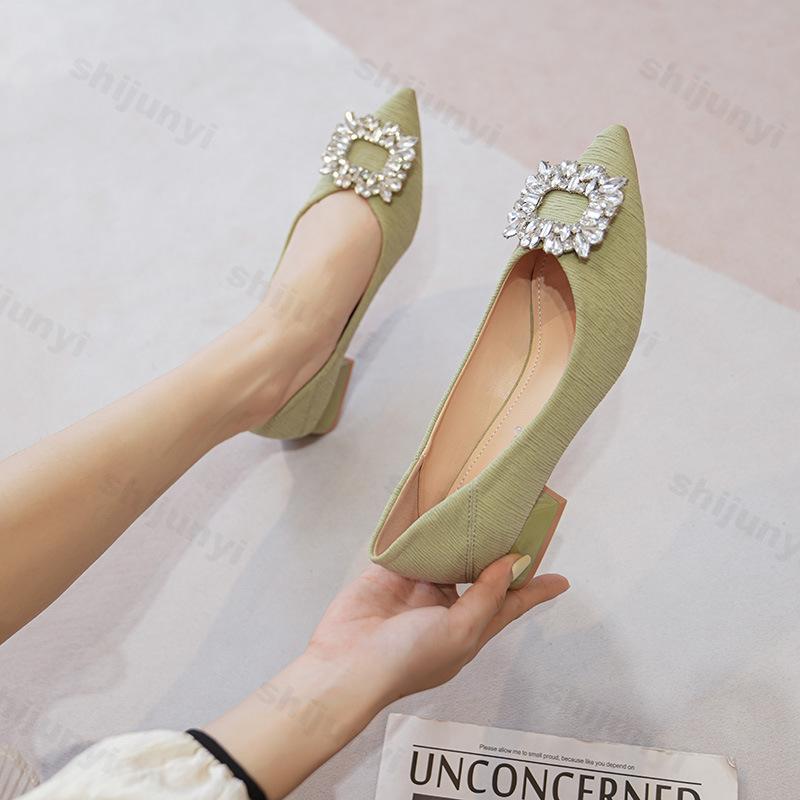 Women Ballerinas Flats 2026 Autumn Rhinestone Pointed Toe Shallow Mouth Comfortable Elegant Low Heel Soft Sole Single Shoes