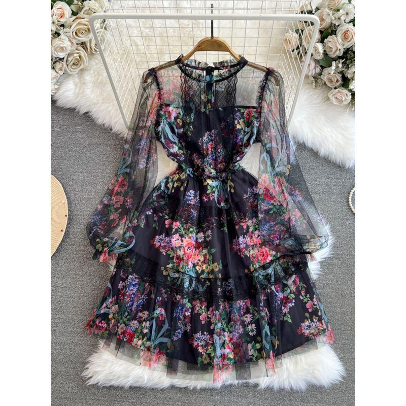 Spring and Autumn Ladies Long Sleeves A- line Dress Mesh