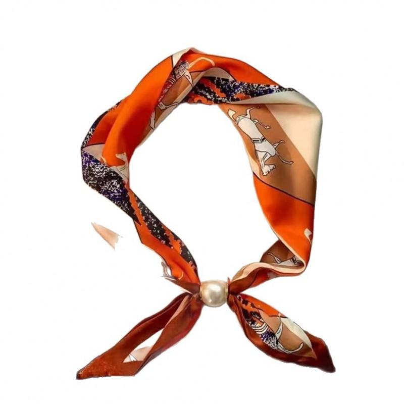 2026 Korean-Style Printed Silk Scarf With Pearl Magnetic Clasp Elegant Small Square Neck Women