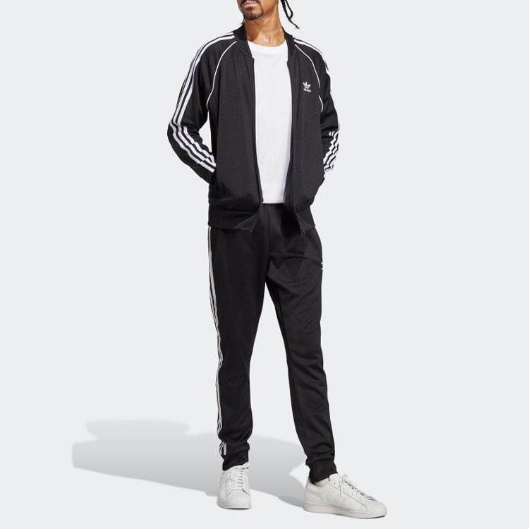 Adidas Originals Trefoil Logo Print Striped Trim Long Sleeve Jacket Men Jackets Black IA4785
