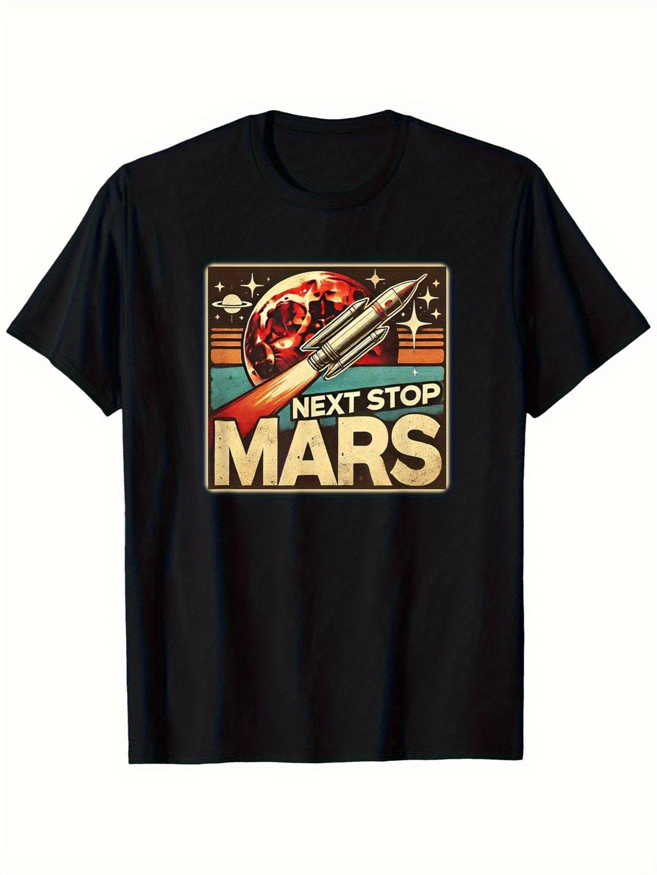 

Men s Next Stop Mars Graphic T-Shirt - Black Space Exploration Design with Rocket & Celestial Print L