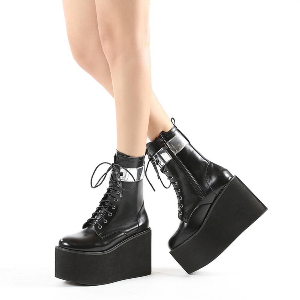 Women Lace Up Martin Boots Metal Leather Splice Chunky Heel Platform Side Zipper High Heel Ankle Boots