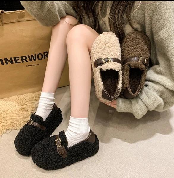 Fashion Luxury Sheep Fur Lined Loafers Women Lambswool Shoes Ladies Winter Slip On Furry Flats Cotton Wool Mocasine Femme Barefoot Boots