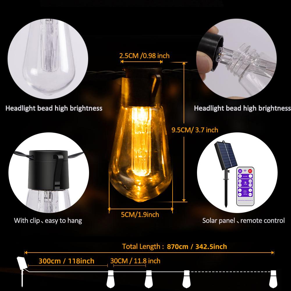 

32FT S14 Solar String Lights Outdoor Waterproof, Shatterproof Bulbs Patio Lights with Remote 8 Modes High-Brightness