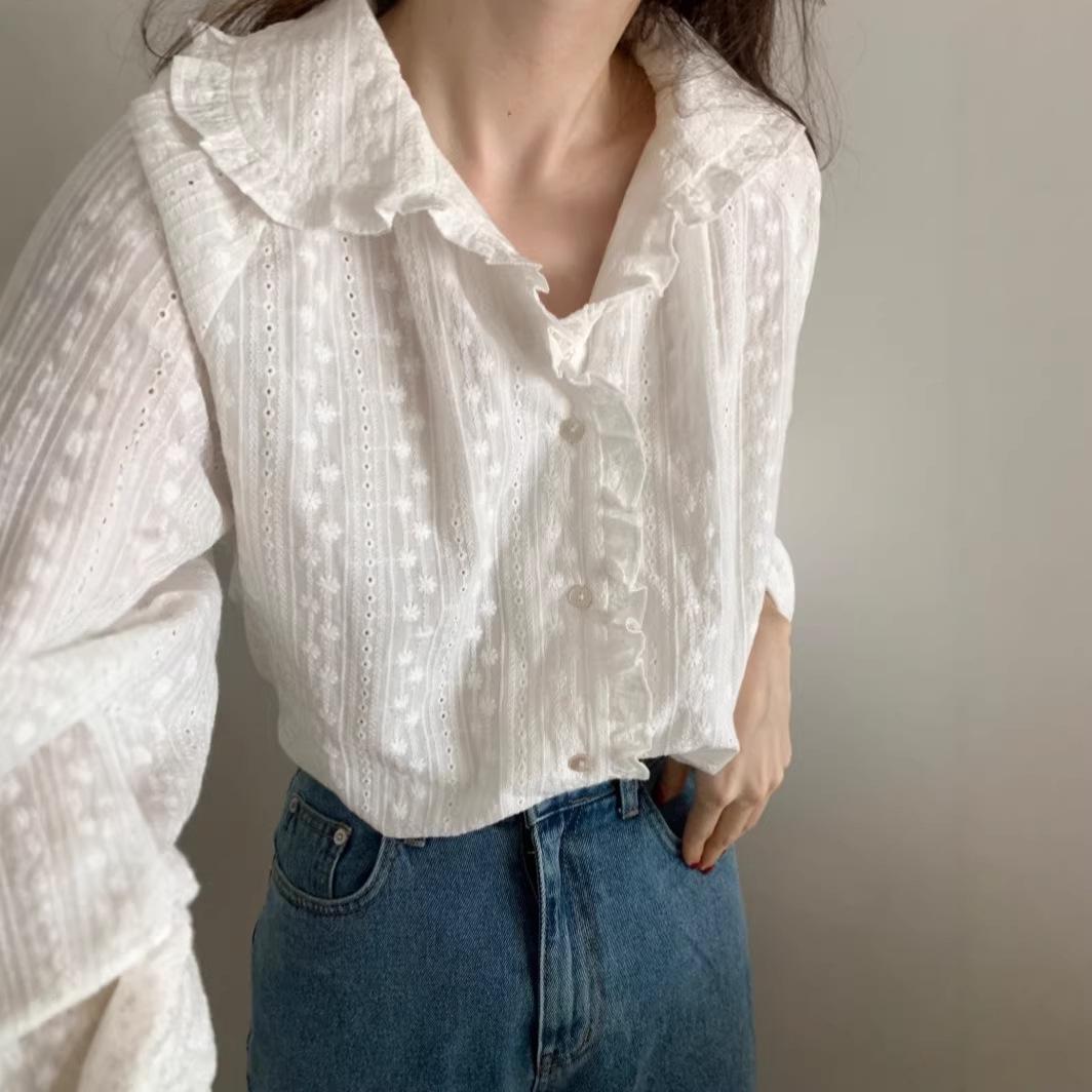 2026 Early Spring/Autumn Korean Inspired Hollow Out Embroidered Long Sleeve Women s Shirt One Size белый