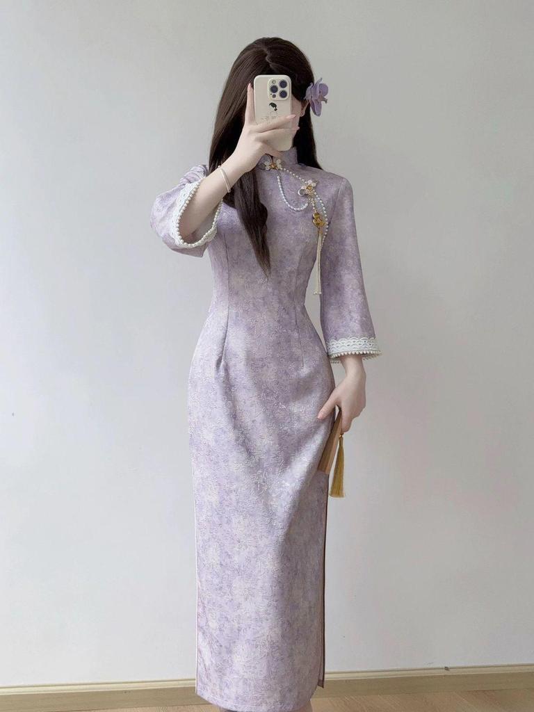2025 New Autumn Purple Qipao with Inverted Sleeves – Gentle and Brightening for Young Women