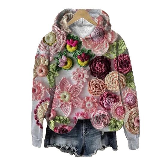 Damen Vintage Böhmischer Blumen-Hoodie Lässiges Langarm-Kapuzensweatshirt mit Tasche Übergroßer Blumen-Kunstdruck Pullover Tops
