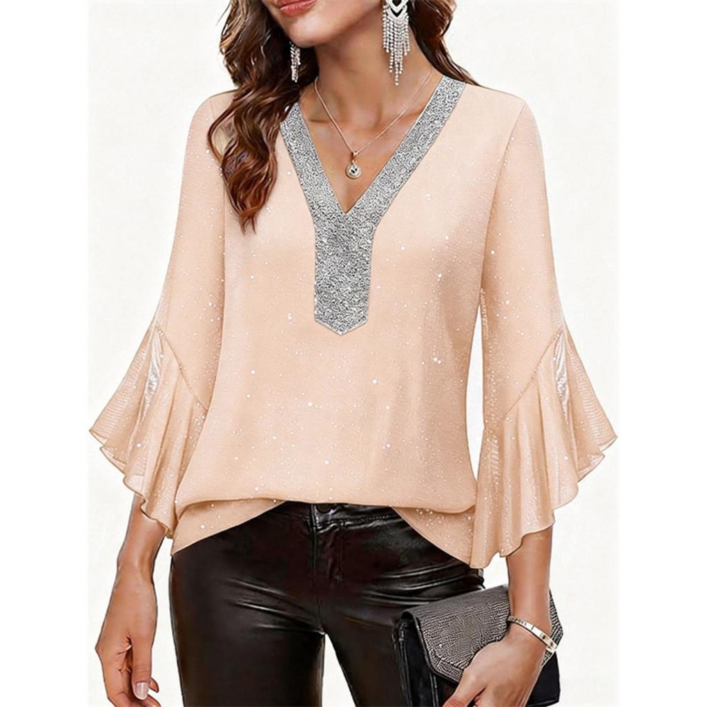 2026 Spring Summer Sequined Crew Neck Blouse Top, Hot Popular Casual Shirt for Women, Europe America Style