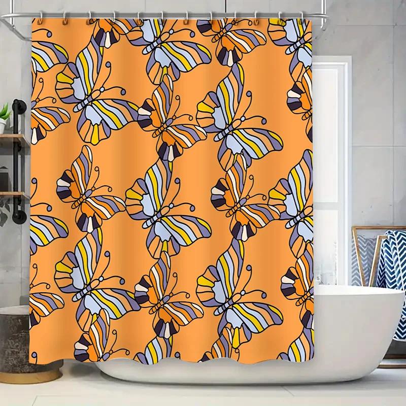 Butterfly Shower Curtain Orange Colorful Design Pattern for Bathroom Decorations High-Quality Fabric Material