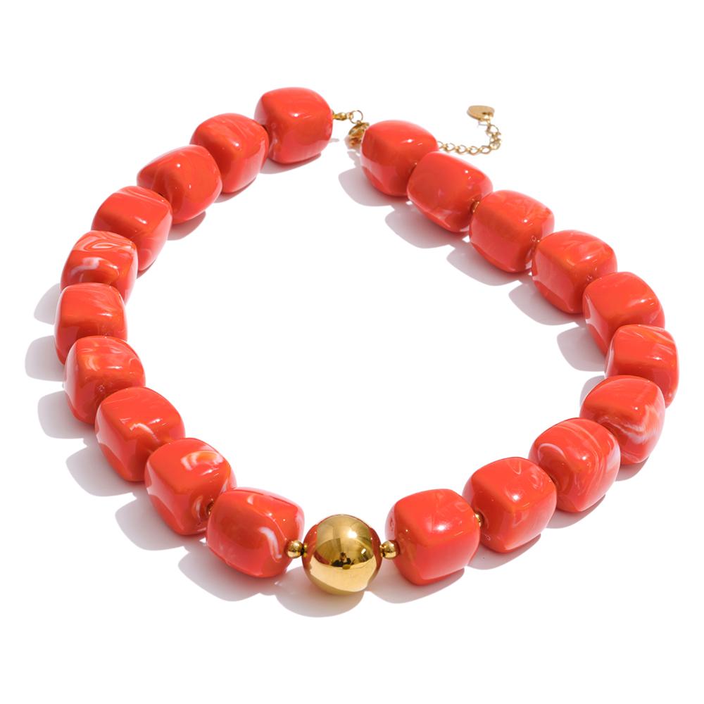 Yhpup Acrylic Square Beads Chain Necklace Bracelet Bangle Stainless Steel Handmade Jewelry Waterproof Green Khaki Pink Amber