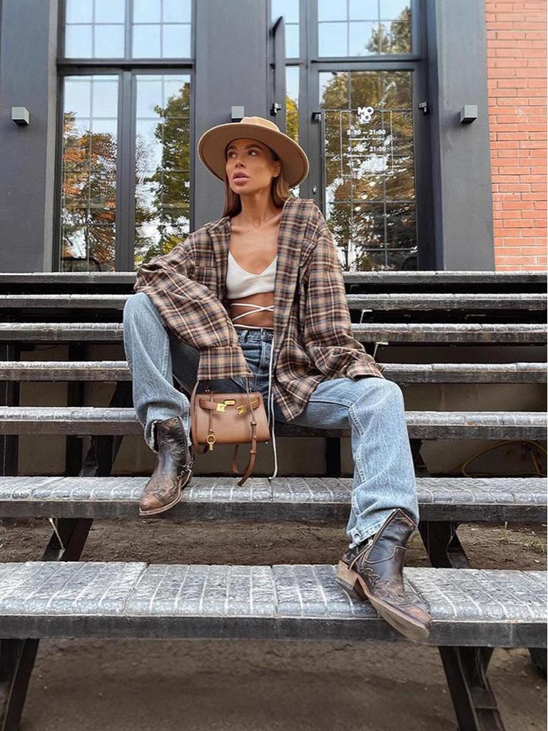 2024 A/W Women's American Retro Plaid Polo Collar Loose Shirt