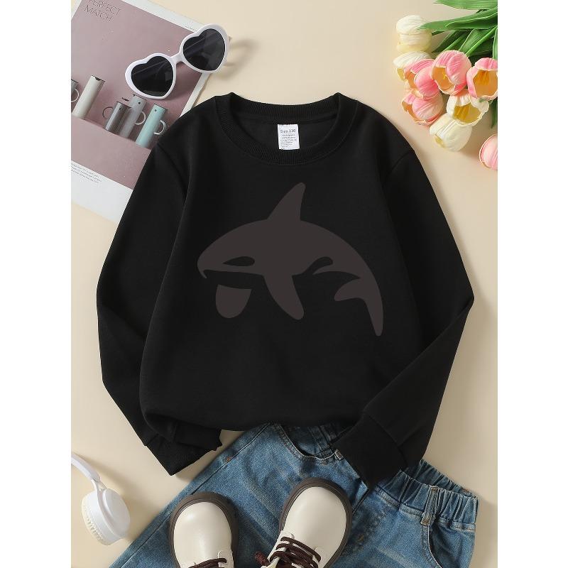 Girls' Long Sleeve Round Neck Sweatshirt with Printed Design White Shark Silhouette Suitable for Spring And Autumn, Fashionable And Casual