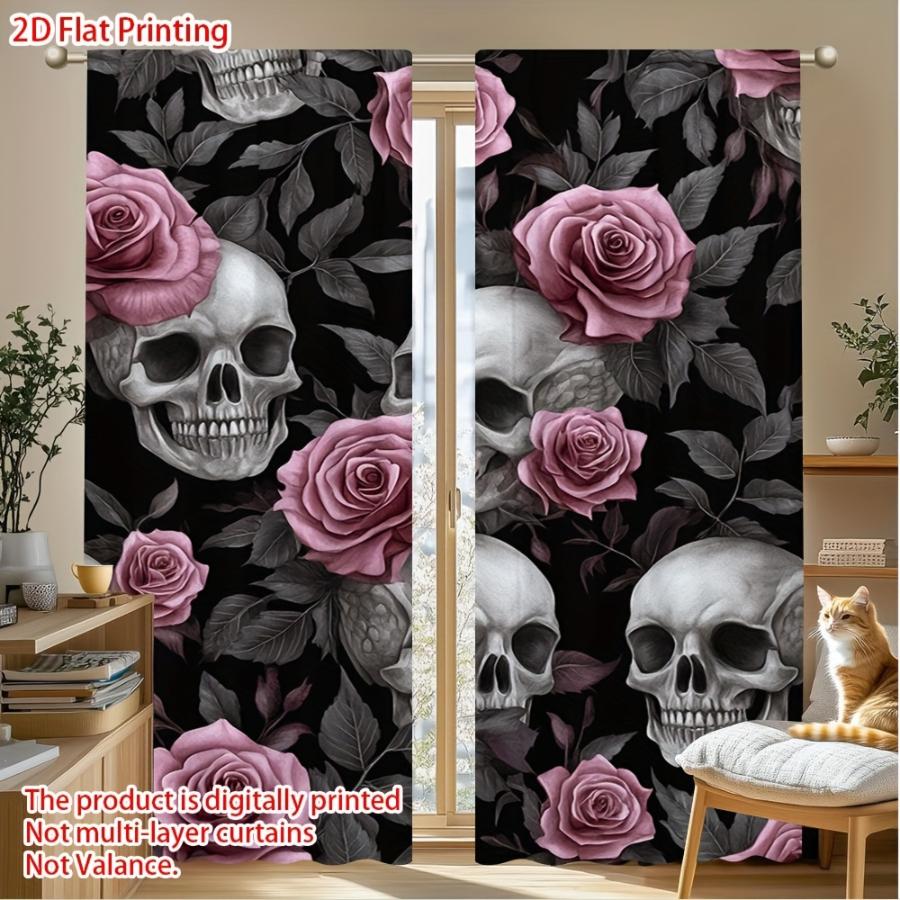 2PCS Digital Printed Curtains with Gothic Roses Design, Stylish Window Drapes for Living Room Bedroom Home Decoration and Kitche