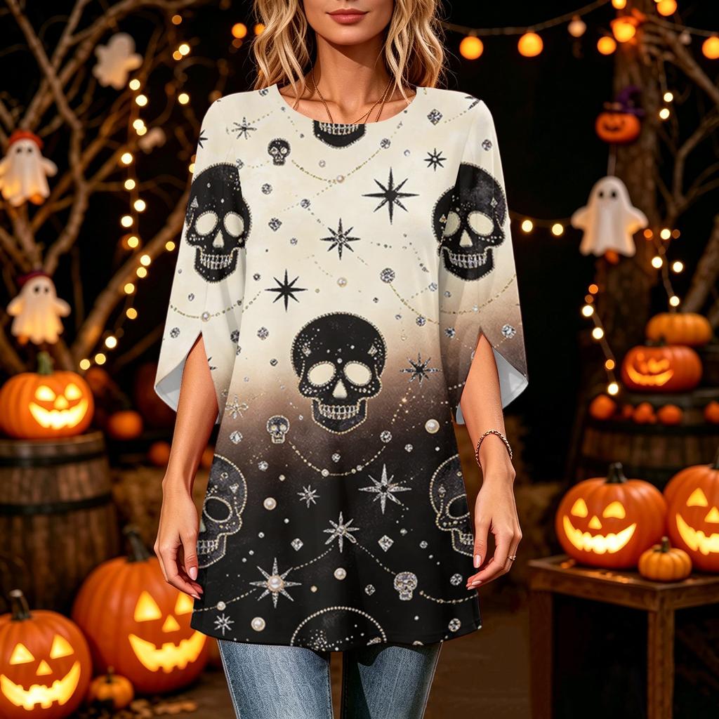 Women's Halloween Print Casual Neck Loose Fit 3/4 Sleeve Top