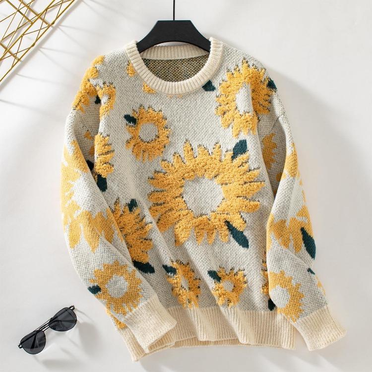 Vintage Print O Neck Knitwear Cardigan Loose Long Sleeve Sweater Autumn Winter Top