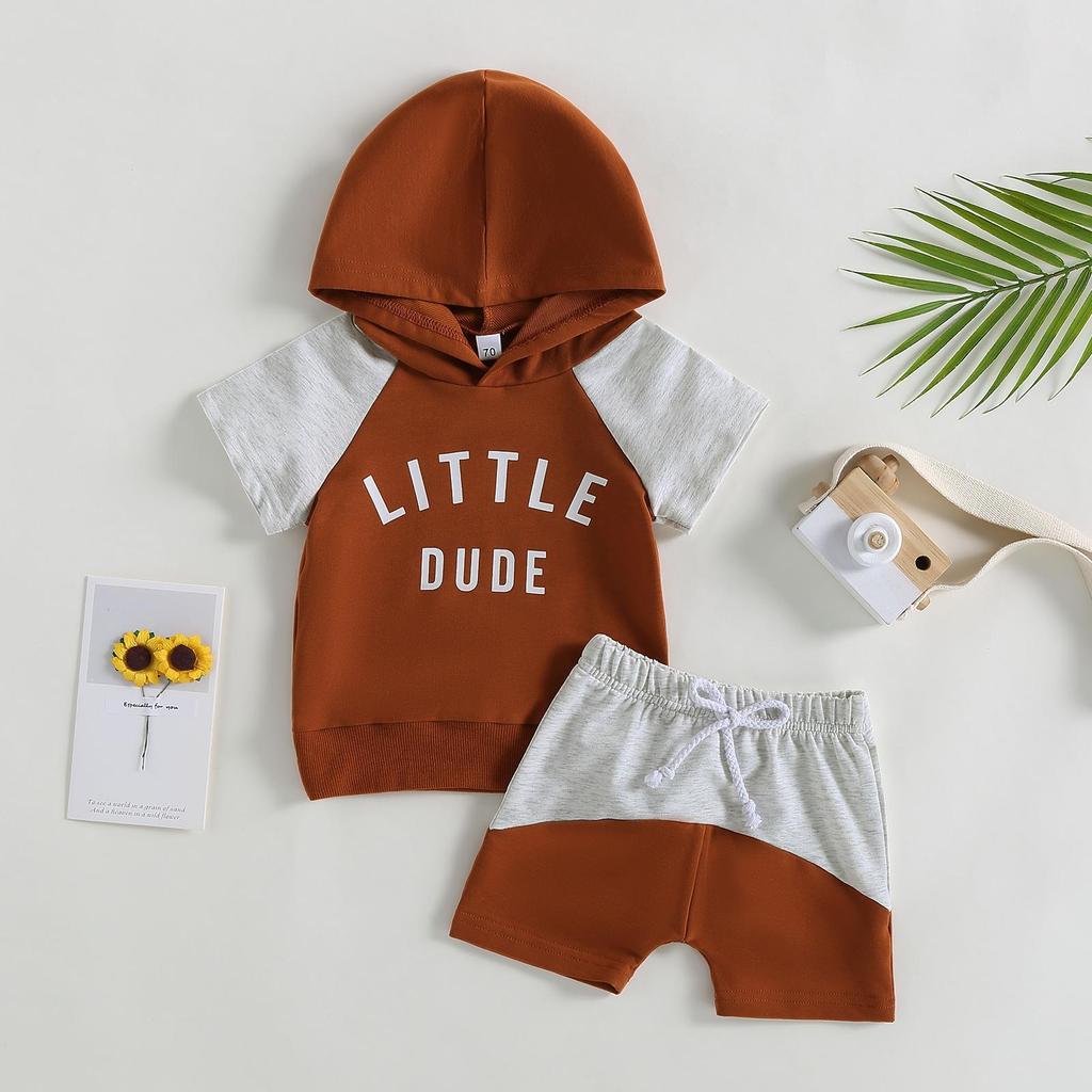 Infant Boys Summer Clothes Outfits Letter Print Contrast Color Hooded Short Sleeve Tops and Shorts 2Pcs Suit