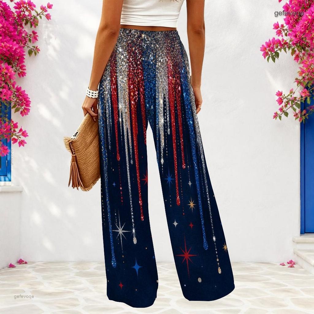 Women Plus Size Red Blue White Star Printed Loose Wide Leg Full Length Casual Pants