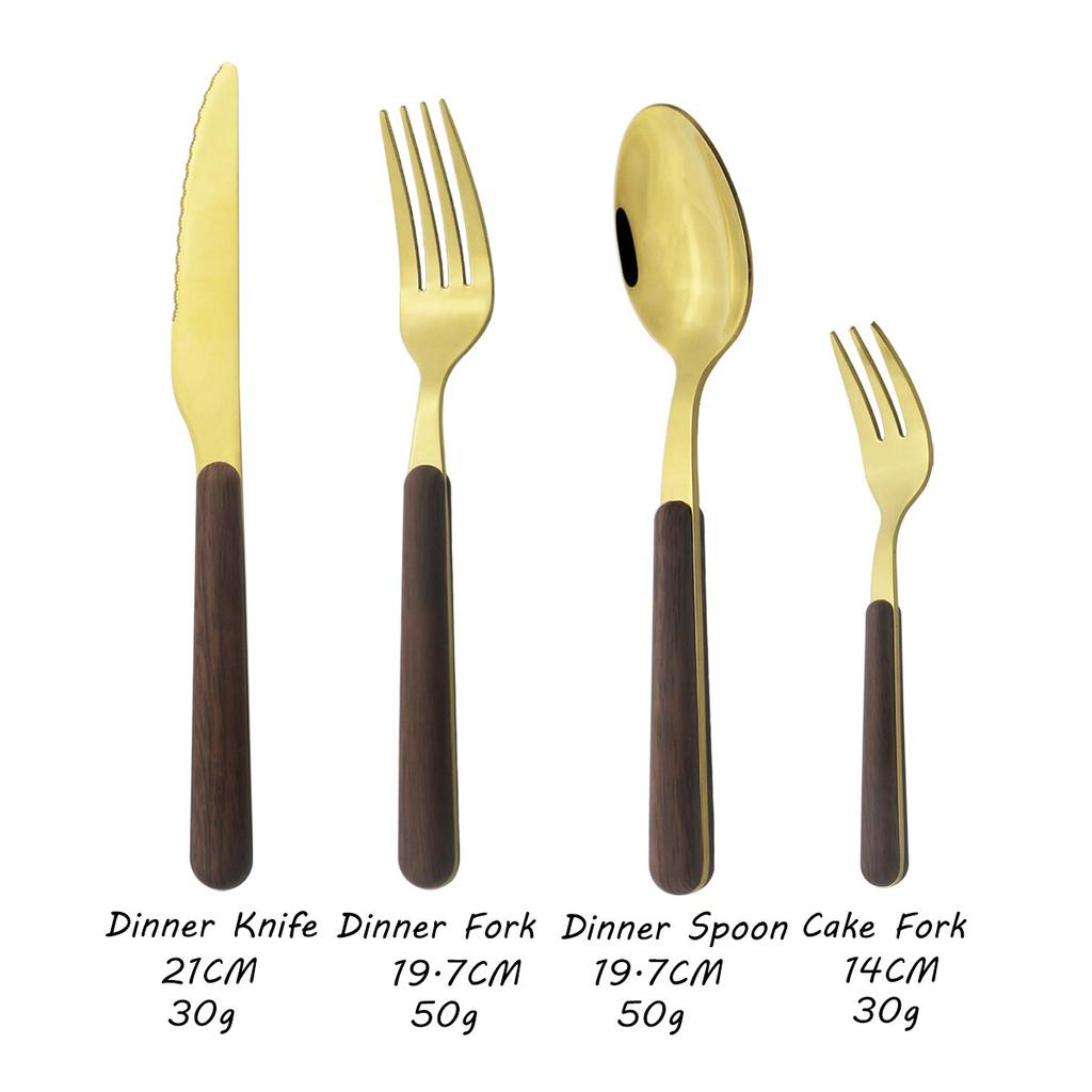 4Pcs Gold Besteck Set Edelstahl Geschirr Holzgriff Geschirr Glänzend Messer Gabel Löffel Westlichen Küche Besteck Set