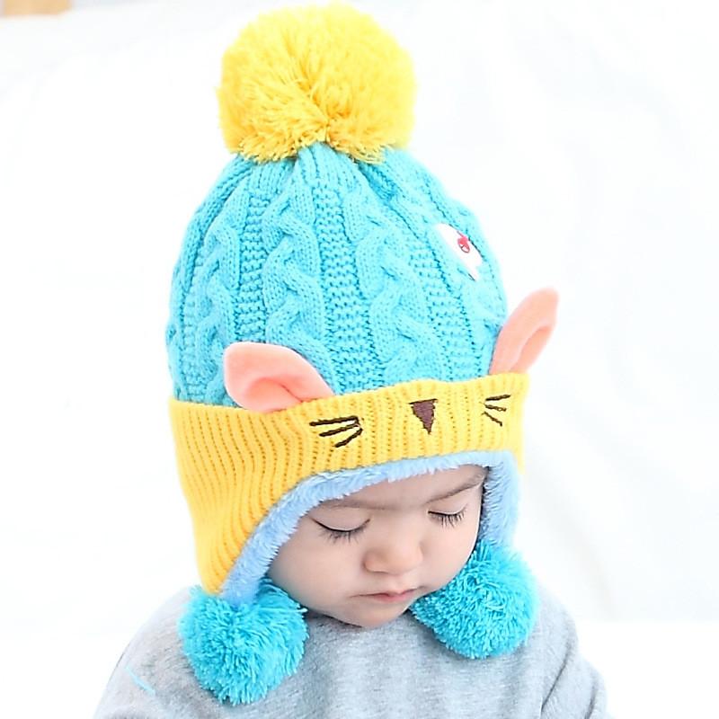 Cozy Baby Knitted Hat For Winter With Cute Cat Design Thickened Plush Ears Suitable For Boys And Girls Aged 5 To 24 Months Available In Red Yellow