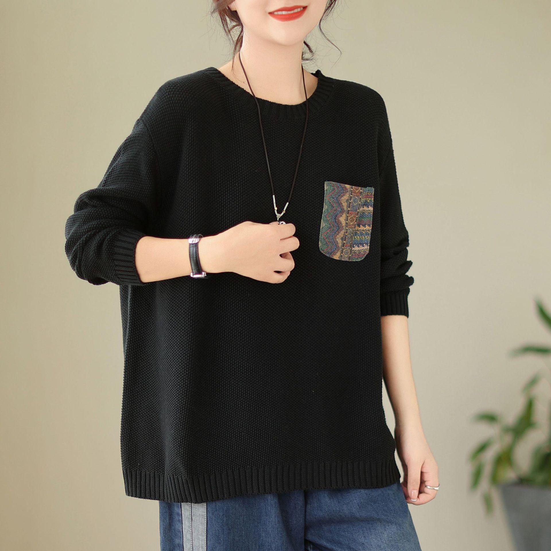 

Johnature женские винтажные пуловеры-свитера однотонные с длинными рукавами и круглым вырезом вязаные хлопковые осенние женские повседневные свитера One Size чёрный