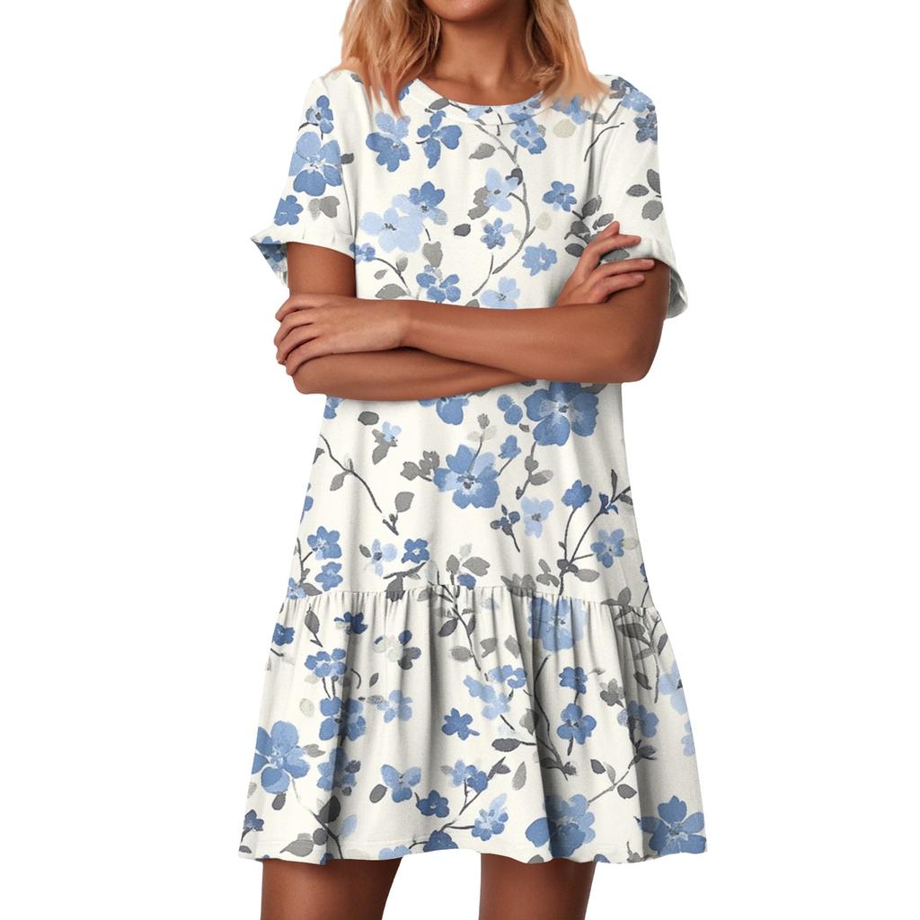 Women's Fashion Casual Round Neck Short Sleeve Ruffled Vintage Printed Dresses
