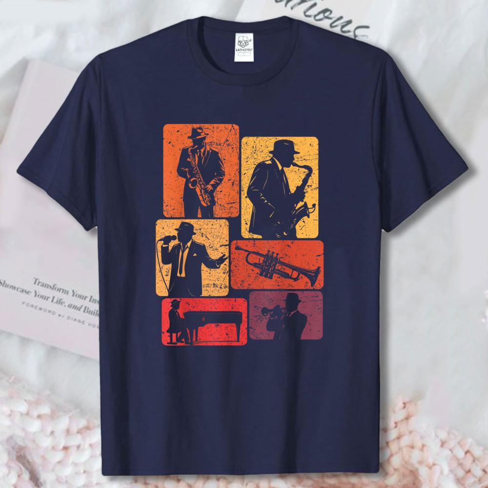 Retro Jazz Band Musicians Vintage Jazz Music Lover T-Shirt Vintage Grid Jazz Musician Silhouette Graphic Tee Blues Lover Tops