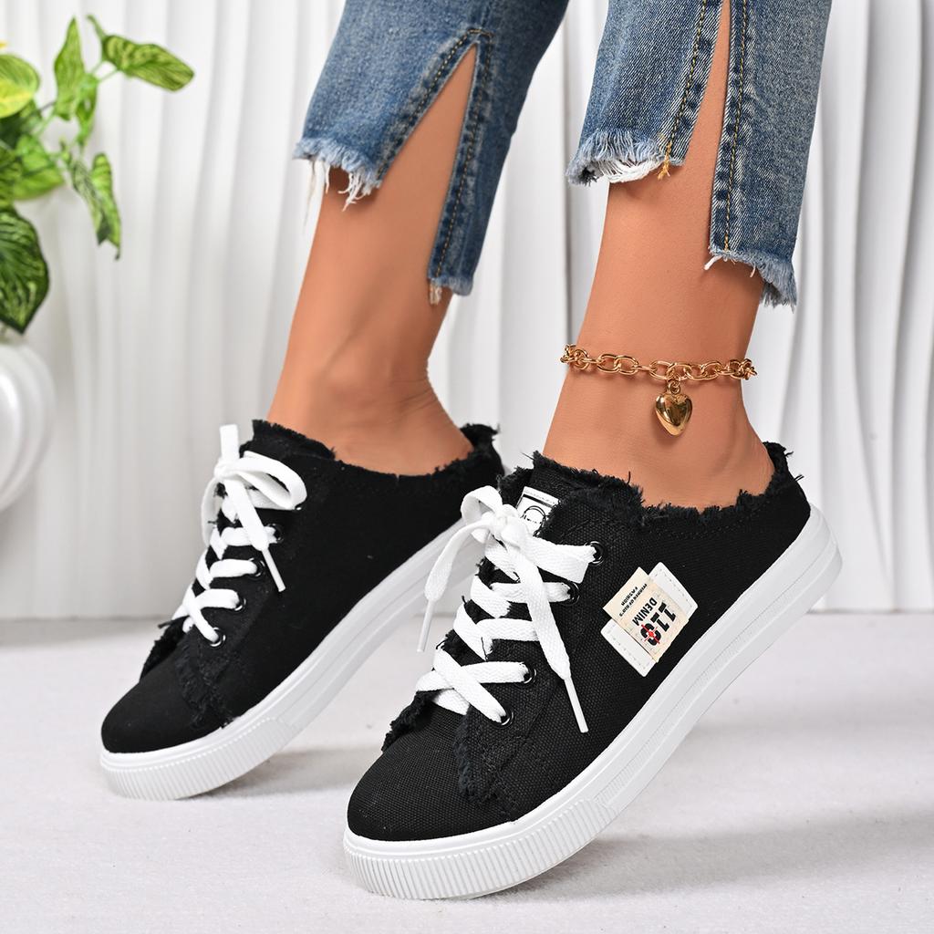 Women Mules Shoes Spring Summer Women Canvas Sneakers Low Top Denim Sneakers Ladies Lace-Up Flat Canvas Board Shoes Female