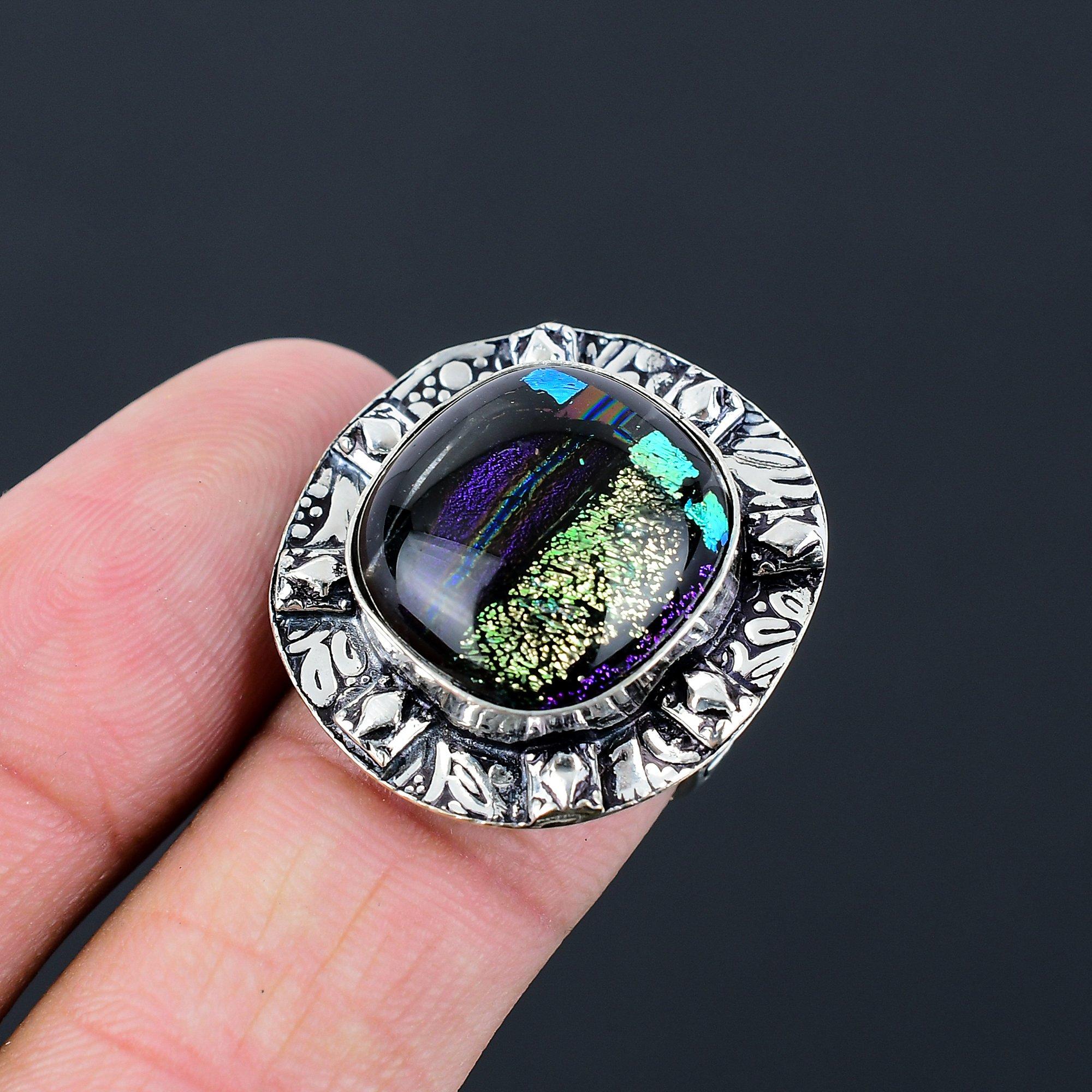 American Dichroic Glass Gemstone Boho Stackable Wife Ring Size 7 Sterling Silver 7