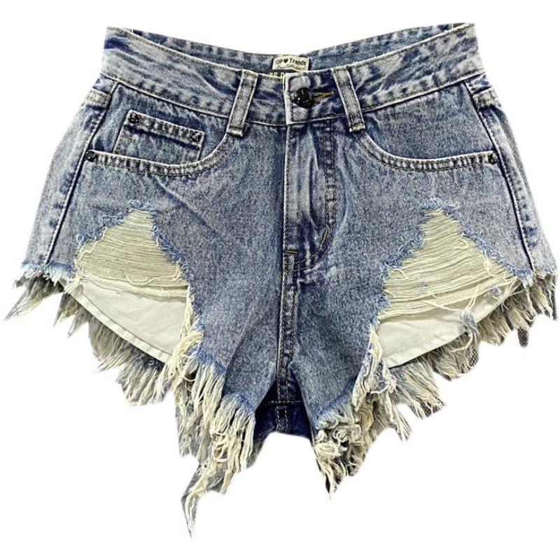 Vintage Low Rise Denim Shorts with Fringe & Ripped Pockets