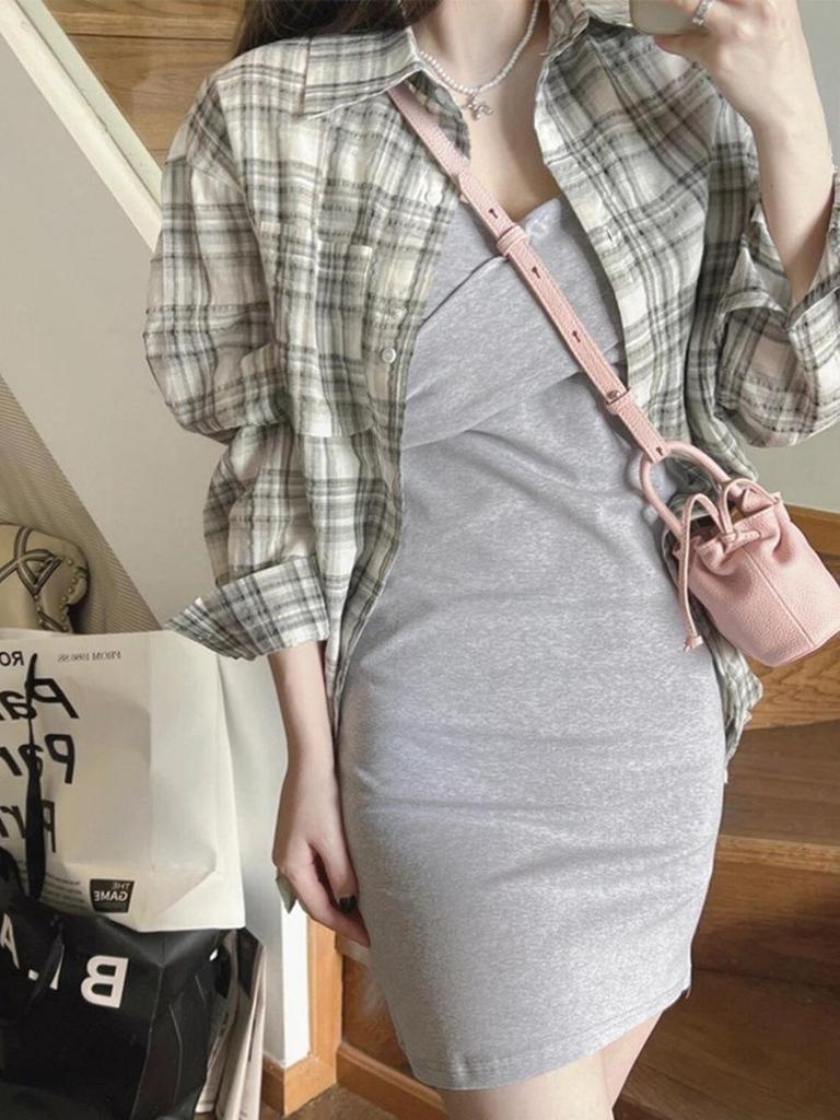 Women's Gray Plaid Summer Sun Protection Cardigan - Korean Style Loose Fit Shirt Jacket