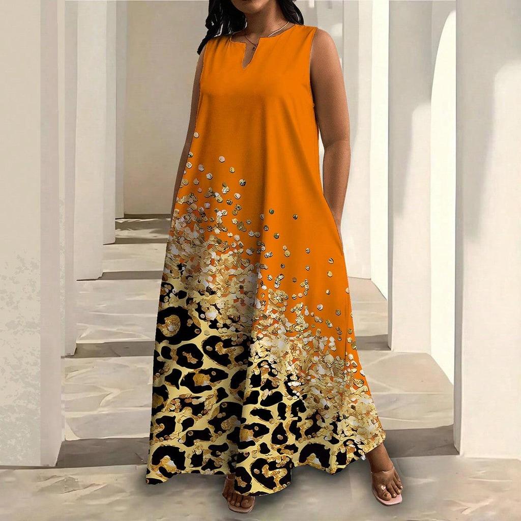Plus Size African Impressionist Gold Leopard Sleeveless Long Dress