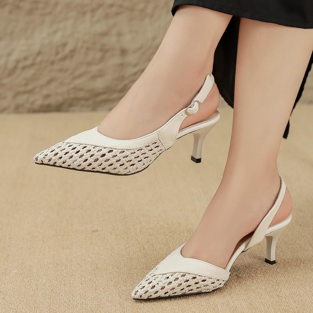 New Style Popular Women's Cow Leather Belt Pointed Toe High Heel Shoes Shallow Concise Dating Slingback Ins Modern Women Sandals
