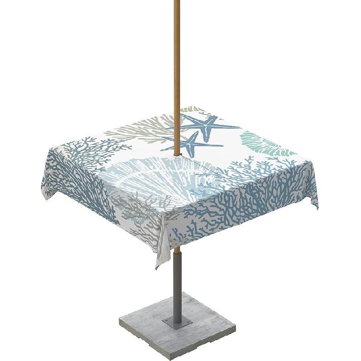 Abstract Marine Coral Outdoor Rectangle Tablecloth Zippered Table Cover with Umbrella Hole,Sea Ocean Starfish Texture Waterproof Table Cloths for