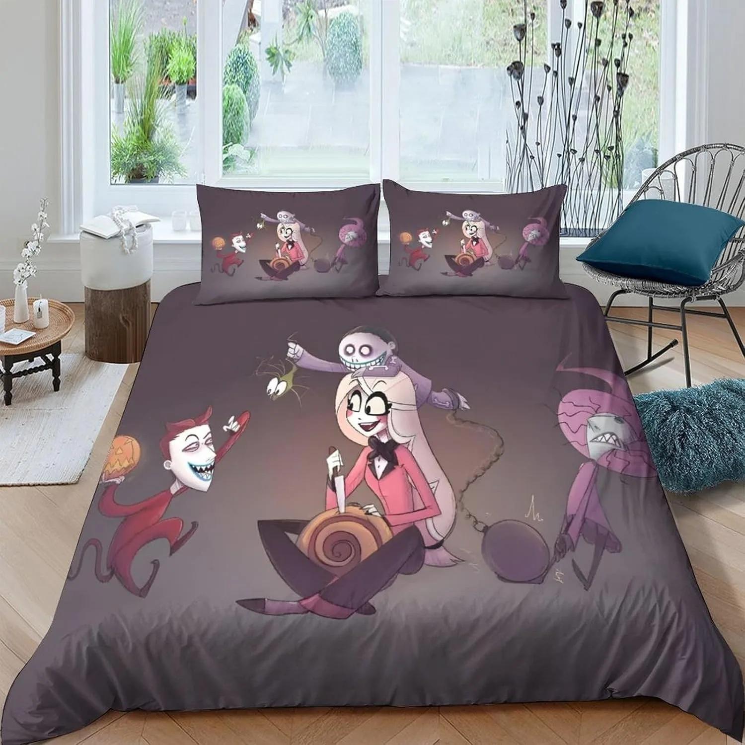 Ensemble de literie Hazbin Hotel 3D Exquis Ensemble de literie de jeu Housse de couette en duvet Taie d'oreiller Lit simple double Grand Deluxe Cadeau d'anniversaire 100x135cm (2pcs)