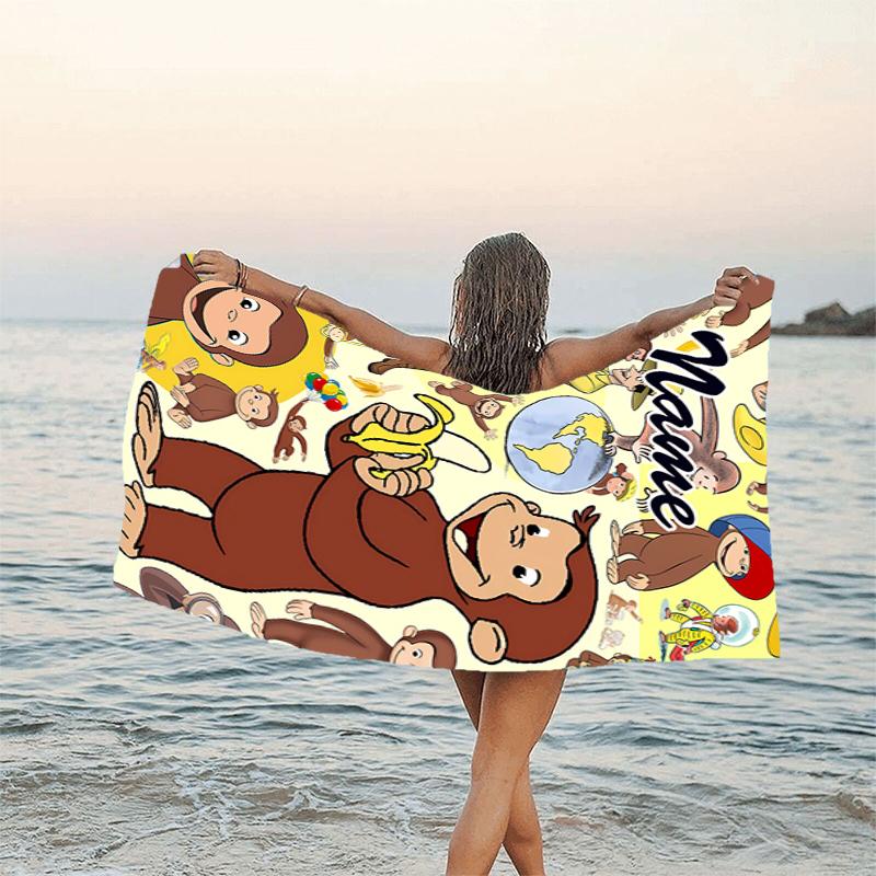 1pc Curious George2 Beach Towel with Custom Name, Beach/Swimming/Bath/Picnic/Camping Towel, Suitable for Seaside Beaches