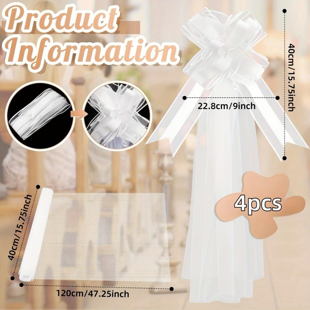 4Pcs White Church Wedding Pew Bows with Long Tulle Tails Ceremony Chair Aisle Decor Church Aisle Decor Wedding Car Decoration