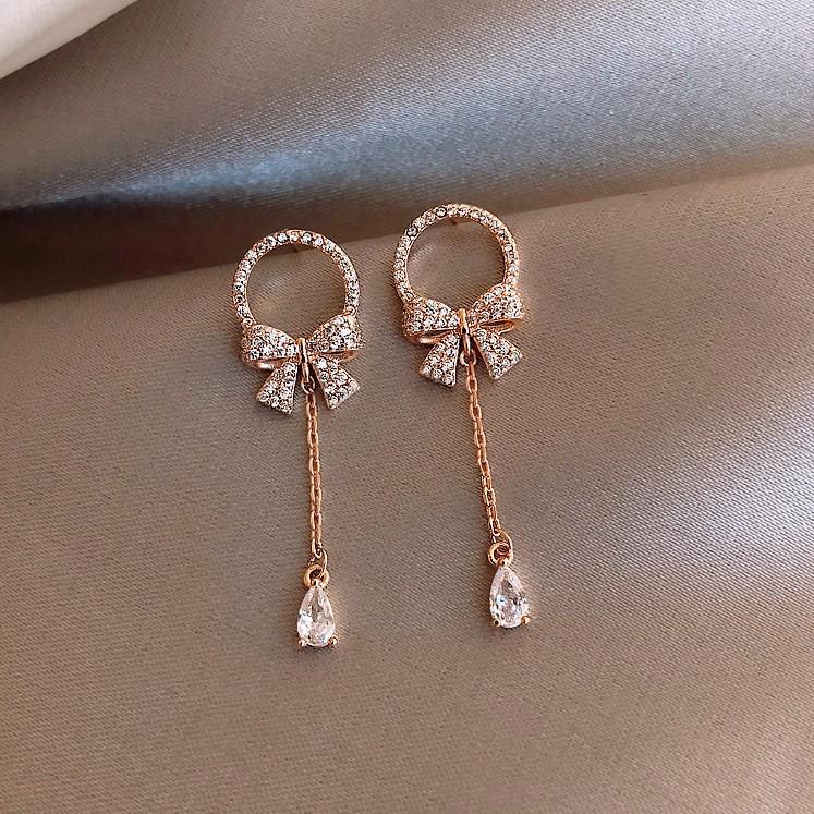 Korean Style Rhinestone Crystal Water Drop Bow Earrings