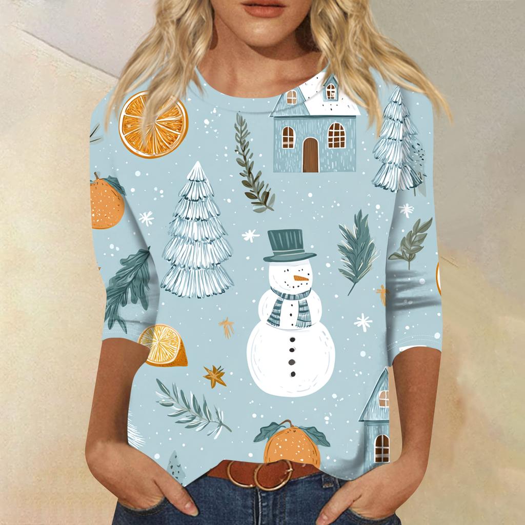 Women's Fashion Casual Round Neck Three-quarter Sleeve Christmas Print T-shirt Top