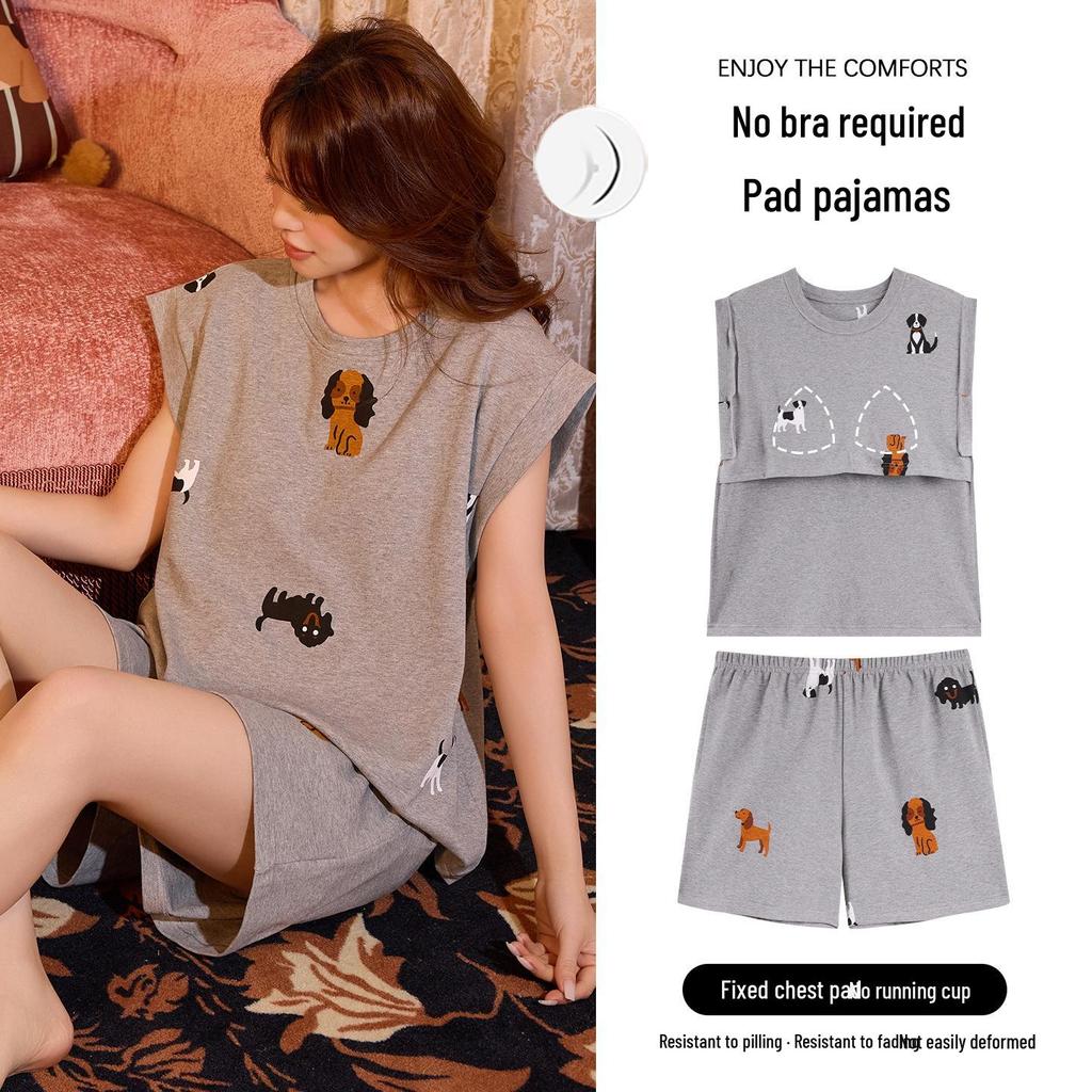 Women's 100% Cotton Summer Pajama Set - Sleeveless Tank & Shorts with Cute Cartoon Design and Chest Pads