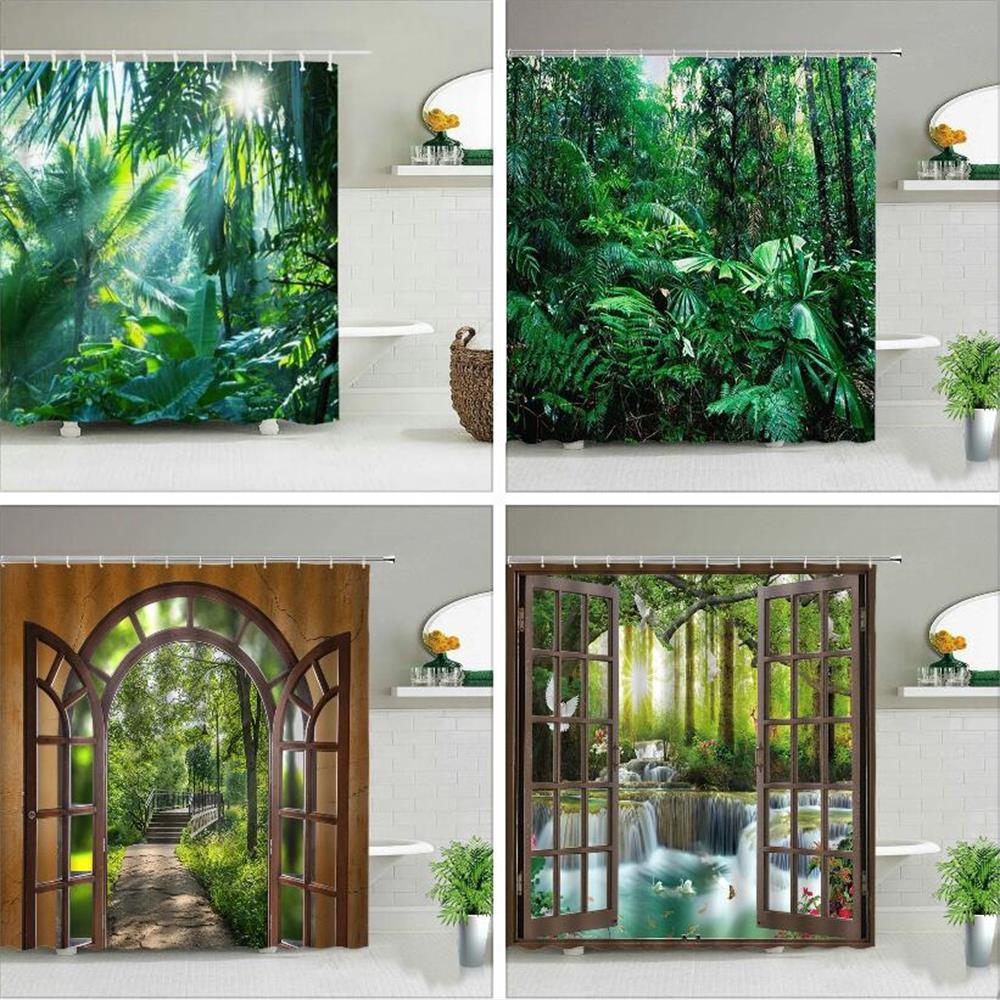 Monika Chen Green Forest Landscape Shower Curtains Tropical Plant Palm Tree Flower Leaves Garden Natural Scenery Bath Curtain Bathroom Decor