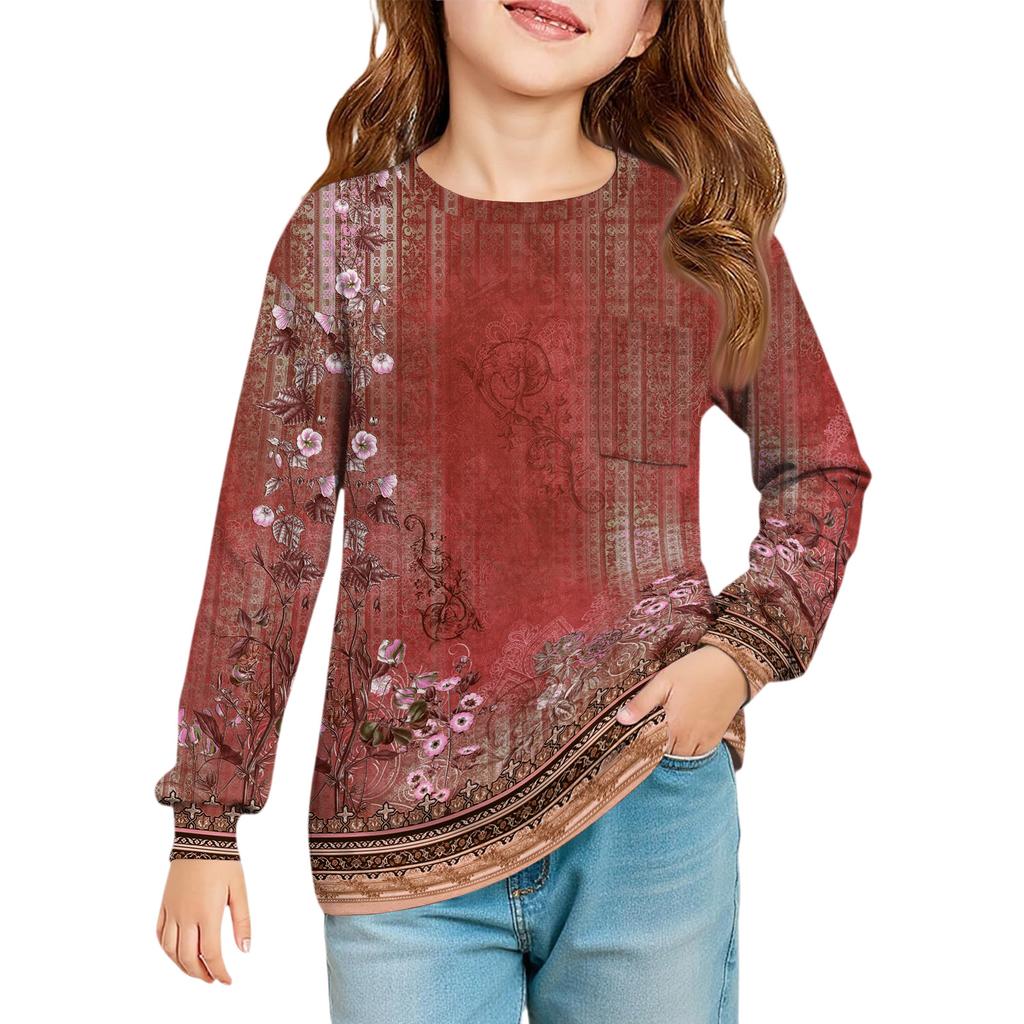 Girls' Long Sleeve Blouse - Round Neck Soft Waist Tunic