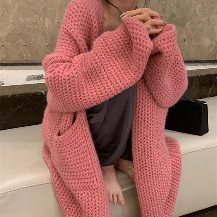 

Макси кардиган вязаный свитер женский крючком весна осень зима свитер сердечко уличная одежда карман вязаное пальто длинная куртка джемперы One Size розовый