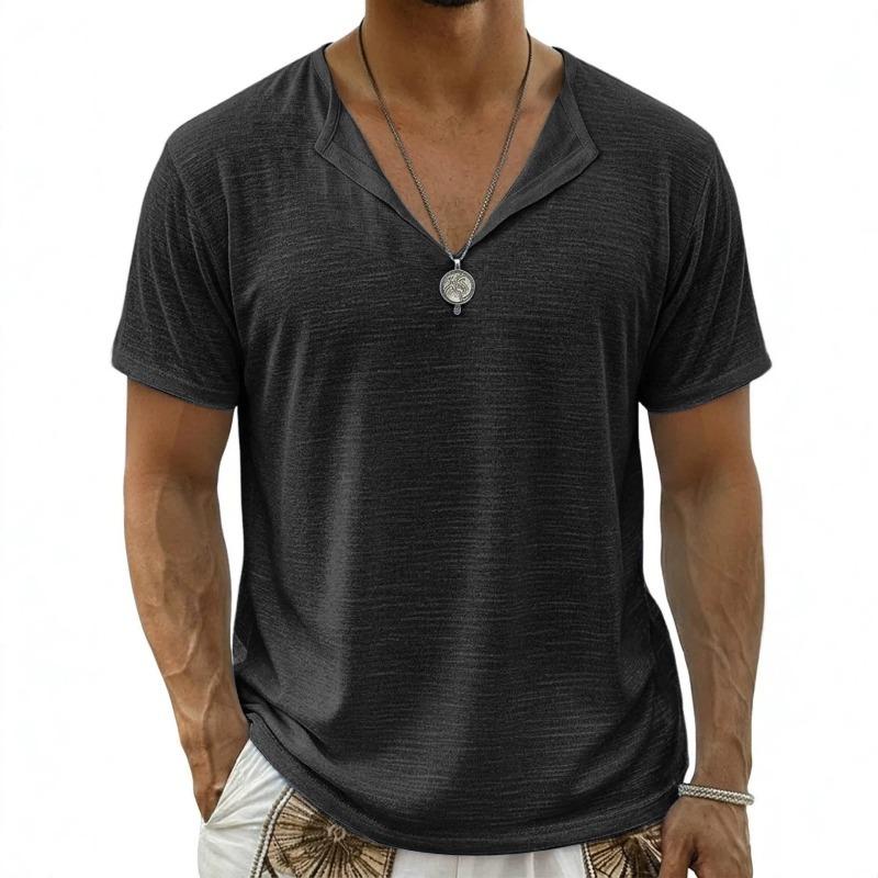 Men V Neck Solid Color Loose Casual Short Sleeve Breathable T Shirt