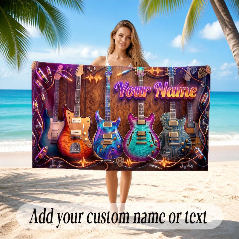 Music Guitar Theme Beach Towel Personalized Custom Name & Text Soft Quick Dry Beach Towel for Swimming Travel