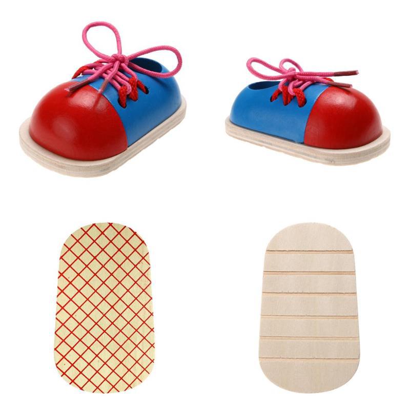 1pc Kids Montessori Educational Toys Children Wooden Toys Toddler Lacing Shoes Early Learning Toy