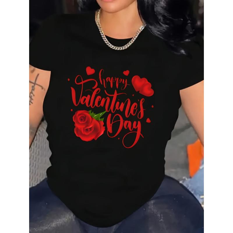 European sizes Women S Valentine S Day T-Shirt | Romantic Red Roses & Hearts Print with Pink Cursive Happy Valentine S Lettering S