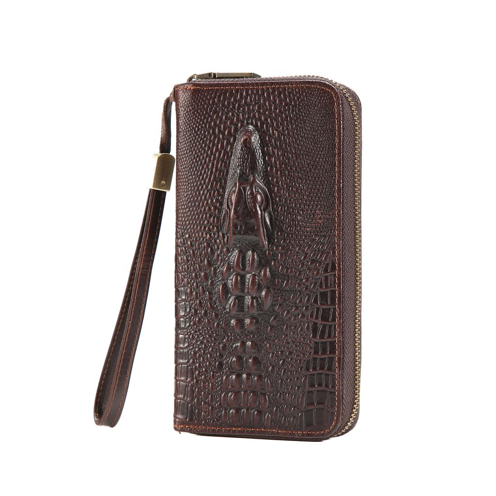 Vintage Crocodile Embossed Leather Long Wallet for Men, Retro Large Capacity Zipper Clutch Bag with Wrist Strap for Travel