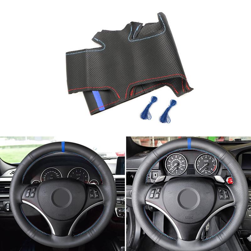 Perforated Leather Car Inner Accessories Steering Wheel Cover Trim For BMW E90 E82 E87 X1 E84 (old style) red blue line blue bar