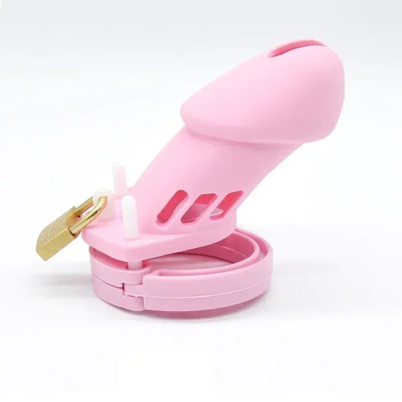 Pink Soft Silicone Male Chastity Cage Device Small/Large Lockable Ring Sex Toys with 5 Cock Ring Penis Sleeve for Men BDSM