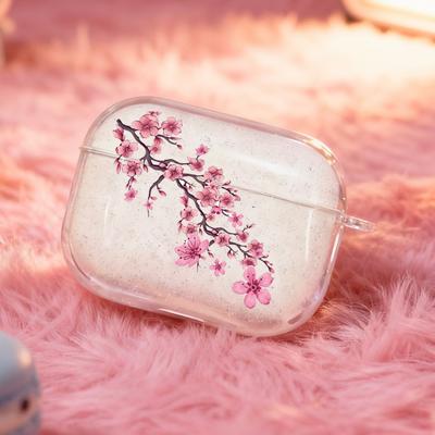 Sakura Pattern Suitable for Airpods 3 2 1 Pro 2 4 Pro3 Transparent Glitter Headphone Protective Case with Silver Ring Buckle